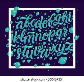 Vector alphabet in trendy bright gradient colors with abstract fluid shapes, paint splashes, ink drops - banner, cover and background. Bubble typography illustration. 