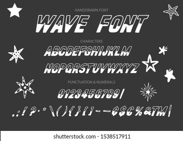 Vector alphabet typeface. Hand drawn modern typeface. Wave font. Uppercase latin letters half painted in ink. Decorative type signs with stars decoration