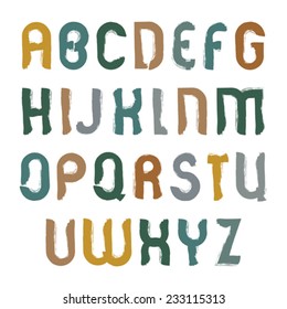 Vector alphabet uppercase letters set, hand-drawn colorful script, bright drop caps drawn with ink brush, acrylic doodle hand painted font.