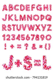 Vector alphabet of various shapes of hearts for valentines day.
