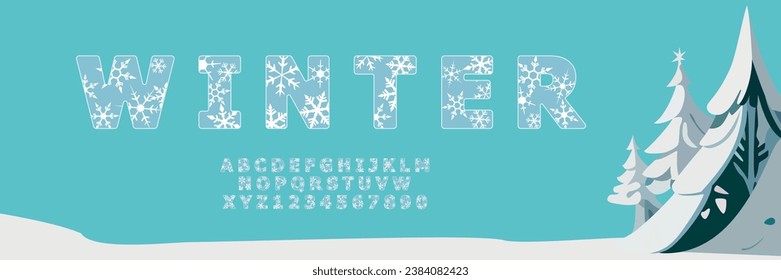 Vektoralphabet in einem Winterthema mit Schneeflocken. Eisschrift. Vektorgrafik.