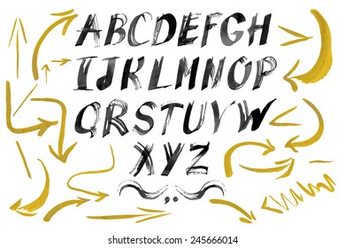 Vector Alphabet For Your Design. Hand Drawn Letters. Letters Of The Alphabet Written With Ink.Vector Font.Signs And Arrows.Gold Arrow.