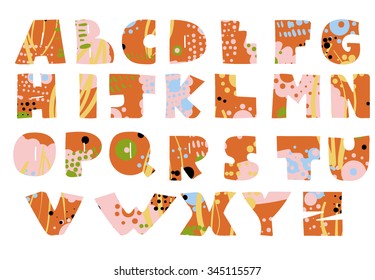 Vector alphabet from A to Z  with fill of hand drawn doodle textures