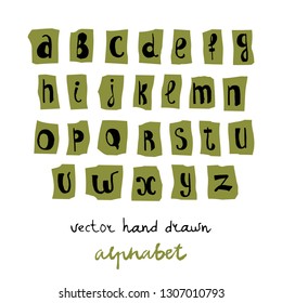 Vector alphabet,on a background of pieces of paper,painted by brush,hand drawn. Calligraphy, lettering.