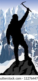 vector alpinist mountaineer with ice axe on the top of mountain