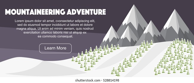 Vector Alps mountains at evening. Fir trees, ski jumping takeoff rump, hills under snow. Wide panoramic mountaineering adventure flat illustration. 