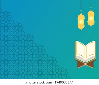 A vector of Al-Quran with moon, islamic geometric and light lantern. Template for islamic wish.