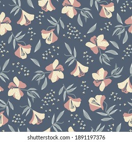 Vector Alstroemeria flower motif with navy background seamless repeat pattern