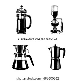 Vector alternative coffee brewing illustrations set. Hand sketched different coffee makers. Cafe, restaurant menu design concept.