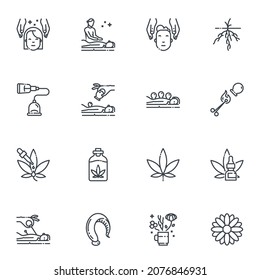 Vector alternative medicine line icon set isolated on transparent background. Herbal medicine, cupping and reiki conceptual signs