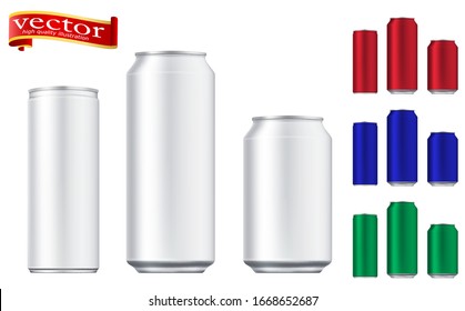 Vector aluminium beer and slim soda can mock up blank template. Juice, soda, beer jar blank. Aluminum can for design. Realistic aluminum cans. Easy to change color