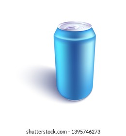 Vector aluminium can blue mockup for beer, juice or soda fresh drink packaging design. Soft or alcohol drink metal container on isolated background. Refreshing beverage in metal tin.
