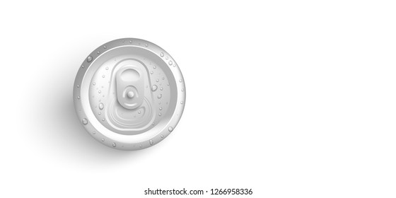 Vector aluminium can with water drops for beer, juice or soda fresh drink, top view packaging design. Soft or alcohol drink metal container on isolated background. Refreshing beverage in metal tin.