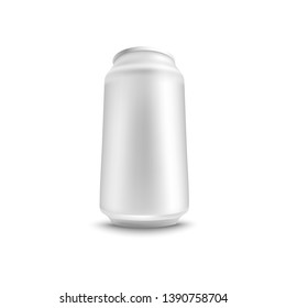 Vector aluminium can white mockup for beer, juice or soda fresh drink packaging design. Soft or alcohol drink metal container on isolated background. Refreshing beverage in metal tin.