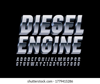 Vector Aluminum Metal Banner Diesel Engine. 3D Chrome Font. Platinum Alphabet Letters And Numbers