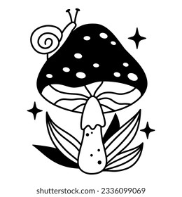 Vector amanita mushroom with dots in black color. Outline magic mushroom and leaves. Mystical esoteric fungi.