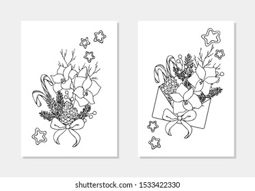 vector amarilis cone berry sweet cane spruce star christmas floral decoration coloring book outline illustration