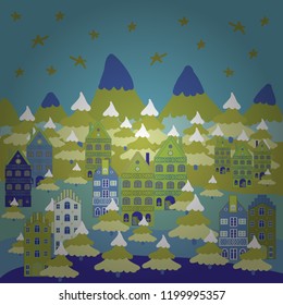 Vector. Amazing Decorated house decorated at christmas of christmas blue, green and neutral colors in magical forest and hills. Unusual christmas illustration postcard.