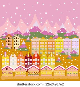 Vector. Amazing Decorated house decorated at christmas of christmas pink, neutral and yellow colors in magical forest and hills. Unusual christmas illustration postcard.