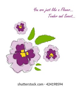 Vector amazing flower design. Beautiful greeting card with romantic phrase. Flat, minimalistic, simple style. Sweet viola flower, green, violet color. Botanical card series,  for engagement, wedding