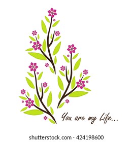 Vector amazing flower design. Beautiful greeting card with romantic phrase. Flat, minimalistic, simple style. Sweet lily flower, green, pink color. Botanical card series, good for engagement, wedding