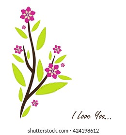 Vector amazing flower design. Beautiful greeting card with romantic phrase. Flat, minimalistic, simple style. Sweet lily flower, green, pink color. Botanical card series, good for engagement, wedding