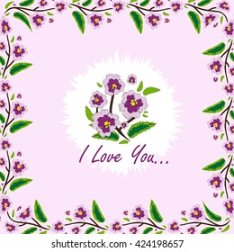 Vector amazing flower design. Beautiful greeting card with romantic phrase. Flat, minimalistic, simple style. Sweet viola flower, green, violet color. Botanical card series,  for engagement, wedding