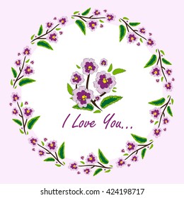 Vector amazing flower design. Beautiful greeting card with romantic phrase. Flat, minimalistic, simple style. Sweet viola flower, green, violet color. Botanical card series, for engagement, wedding
