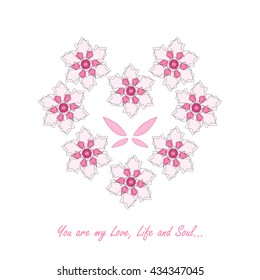 Vector amazing flower design. Beautiful greeting card with romantic phrase. Flat, minimalistic, simple style. Sweet lily flower, tender pink. Botanical card series, good for engagement, wedding 