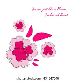 Vector amazing flower design. Beautiful greeting card with romantic phrase. Flat, minimalistic, simple style. Sweet viola flower, pink color. Botanical card series, good for engagement, wedding