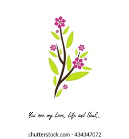 Vector amazing flower design. Beautiful greeting card with romantic phrase. Flat, minimalistic, simple style. Sweet lily flower, green, pink color. Botanical card series, good for engagement, wedding