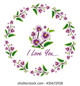 Vector amazing flower design. Beautiful greeting card with romantic phrase. Flat, minimalistic, simple style. Sweet viola flower, green, violet color. Botanical card series, for engagement, wedding