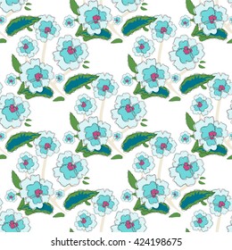 Vector amazing flower seamless pattern. Beautiful abstract violet, viola, flat style, simple line. Perfect for web, print, texture, fabric, background design. Green, blue, white color
