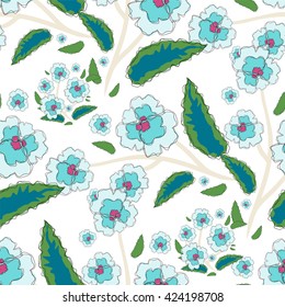 Vector amazing flower seamless pattern. Beautiful abstract violet, viola, flat style, simple line. Perfect for web, print, texture, fabric, background design. Green, blue, white color