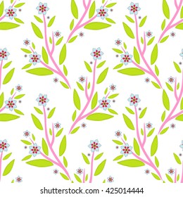 Vector amazing flower seamless pattern. Beautiful branch with leaves and flowers, flat style, simple line. Perfect for web, print, texture, fabric, background design. Light green, blue, red