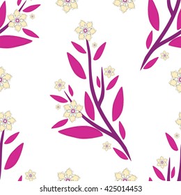 Vector amazing flower seamless pattern. Beautiful branch with leaves and flowers, flat style, simple line. Perfect for web, print, texture, fabric, background design. Sweet rose, pink, yellow color