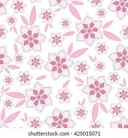 Vector amazing flower seamless pattern. Beautiful sakura blossom branch with leaves and flowers, flat style, simple line and shape. Perfect for web, print, fabric, background design. Sweet pink color