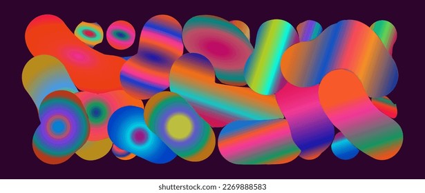 Gradientes increíbles vectoriales. Banner estilo Y2K con formas geométricas de efecto 3d. Paleta de colores moderna saturada y brillante. Composición horizontal. Elementos geométricos redondeados. Diseño llamativo y llamativo