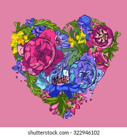 Vector amazing illustration of heart made of flowers in vintage style.