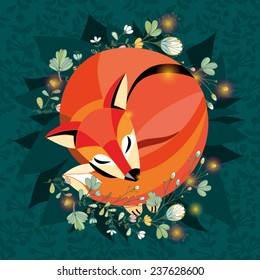 Vector amazing illustration of sleeping cute fox in the magical forest with floral branches and cute lights.