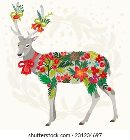 Vector amazing magic illustration of Deer made of flowers and Christmas graphic elements.