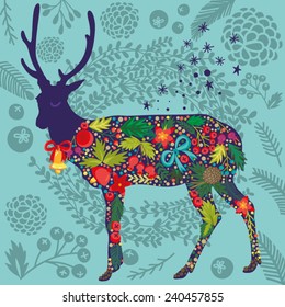 Vector amazing magic illustration of Deer made of flowers and Christmas graphic elements.