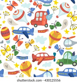 Vector amazing patter of cars, airplanes air balloons, flowers and butterflies. Floral pattern in childish style in awesome colors, spring floral background.
