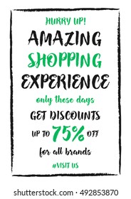 Vector Amazing Shopping Experience Up To 75 percent off banner with frame for online stores, websites, retail posters, social media ads. Creative banner layout for m-commerce, mobile promotions.