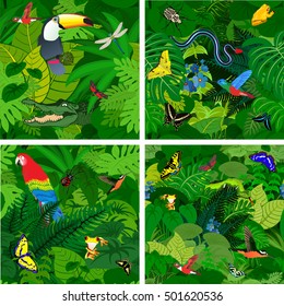 Vector Amazon Jungle Rainforest Seamless Pattern With Animals