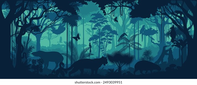 Vector Amazonian seamless tropical rainforest Jungle forest background with animals	