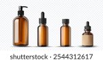 Vector of amber glass bottles with droppers and pump dispensers, ideal for cosmetics, skincare, and pharmaceutical packaging. Perfect for branding, product design, and eco-friendly packaging.