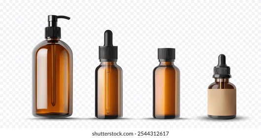 Vector of amber glass bottles with droppers and pump dispensers, ideal for cosmetics, skincare, and pharmaceutical packaging. Perfect for branding, product design, and eco-friendly packaging.