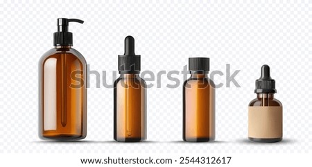 Vector of amber glass bottles with droppers and pump dispensers, ideal for cosmetics, skincare, and pharmaceutical packaging. Perfect for branding, product design, and eco-friendly packaging.