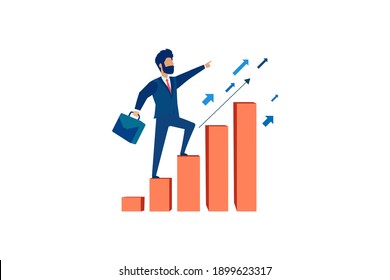 Vector of an ambitious business man climbing up graph columns